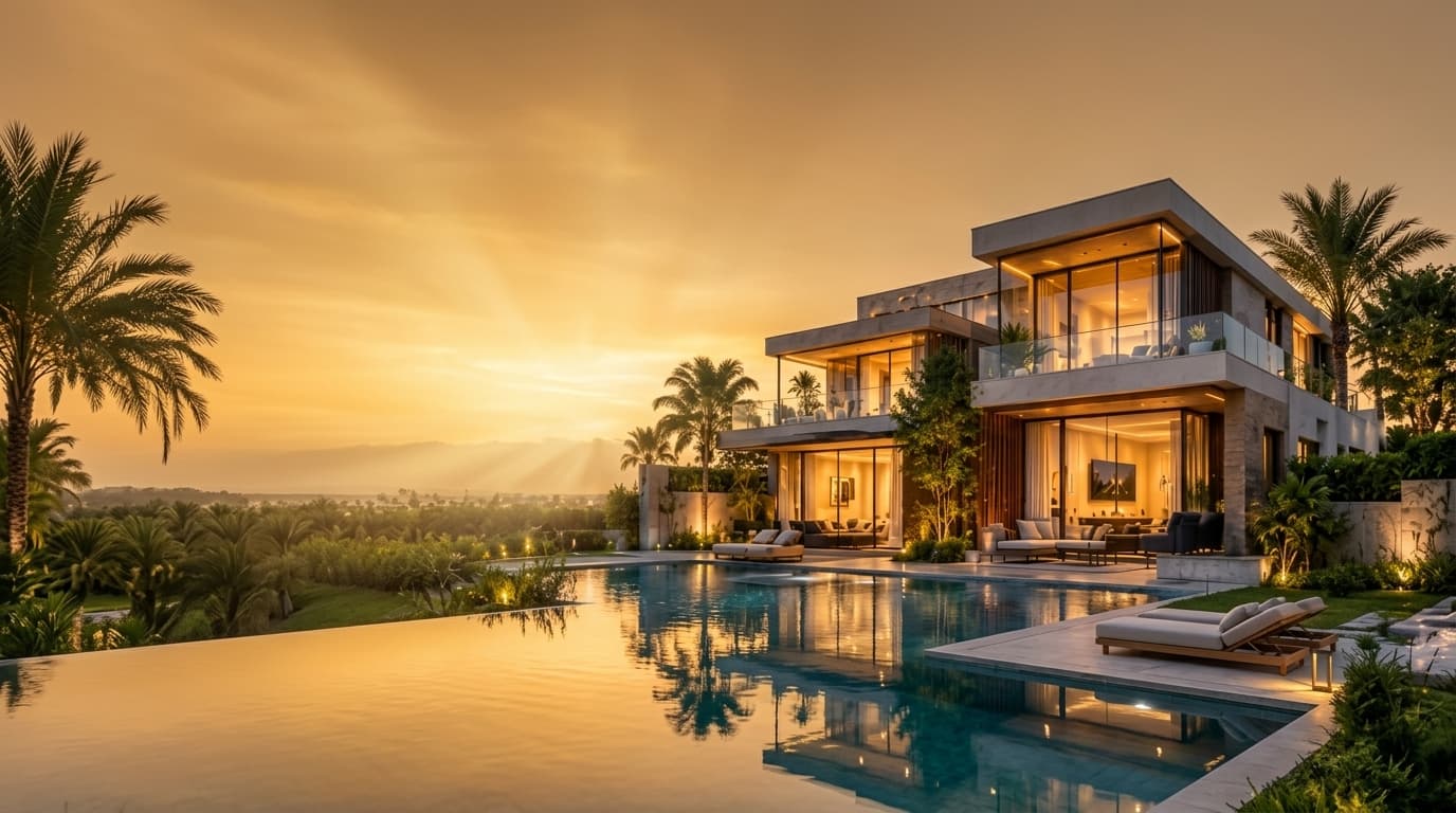 Luxury architectural modern villa residence at sunset